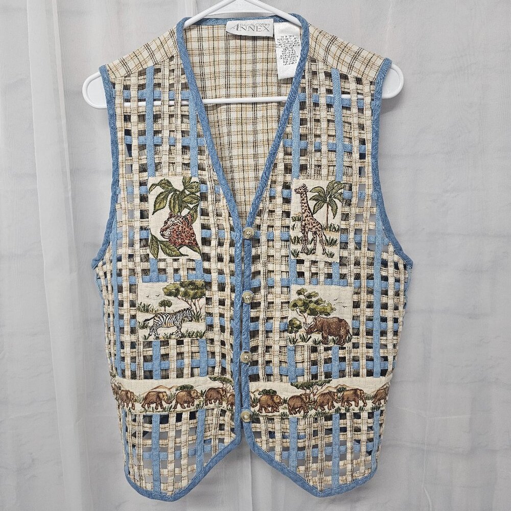 Vintage Casual Corner Vest African Animals Open Weave Retro Casual Blue Brown XL